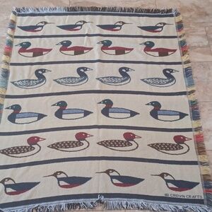 Crown Crafts Duck Pattern Woven Throw Blanket - Neutral with Blue & Red Ducks